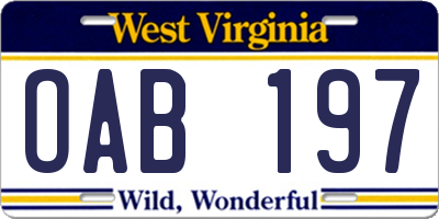 WV license plate OAB197
