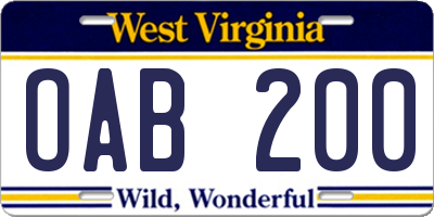 WV license plate OAB200