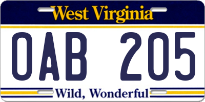 WV license plate OAB205