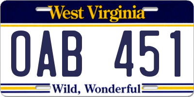 WV license plate OAB451