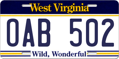WV license plate OAB502