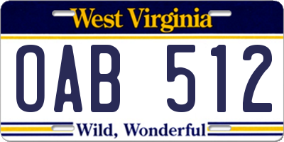 WV license plate OAB512