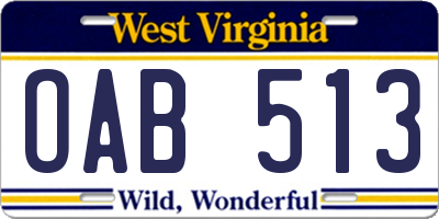 WV license plate OAB513