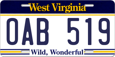 WV license plate OAB519
