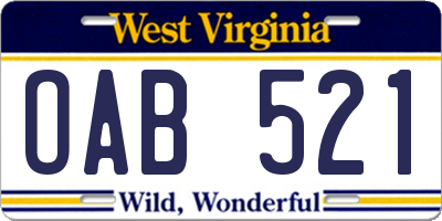 WV license plate OAB521