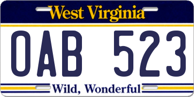WV license plate OAB523