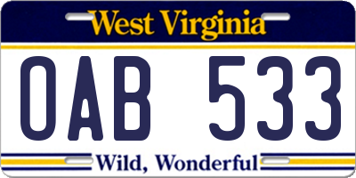 WV license plate OAB533