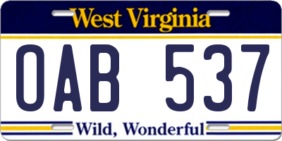 WV license plate OAB537