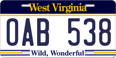 WV license plate OAB538