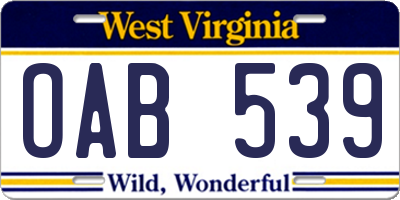 WV license plate OAB539