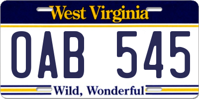 WV license plate OAB545
