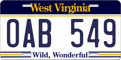 WV license plate OAB549