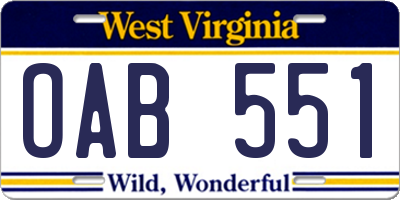 WV license plate OAB551