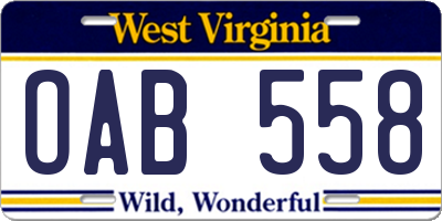 WV license plate OAB558