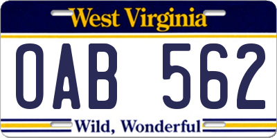 WV license plate OAB562