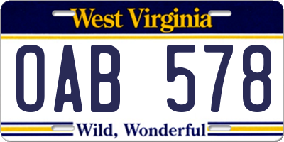 WV license plate OAB578