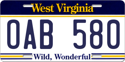 WV license plate OAB580