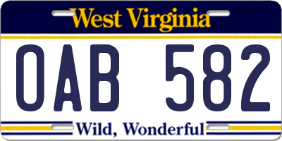 WV license plate OAB582