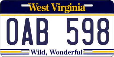 WV license plate OAB598