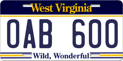 WV license plate OAB600