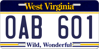 WV license plate OAB601