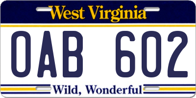 WV license plate OAB602