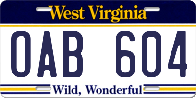 WV license plate OAB604