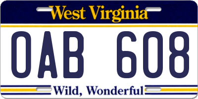 WV license plate OAB608