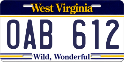 WV license plate OAB612