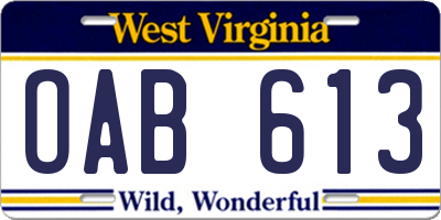WV license plate OAB613