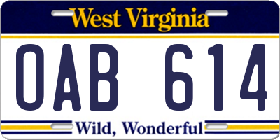 WV license plate OAB614
