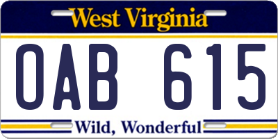 WV license plate OAB615
