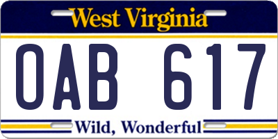 WV license plate OAB617