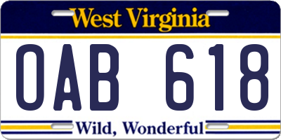 WV license plate OAB618