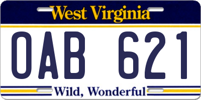 WV license plate OAB621