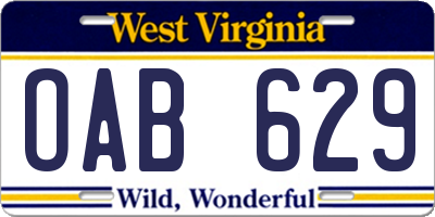 WV license plate OAB629