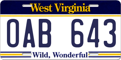 WV license plate OAB643
