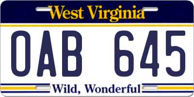WV license plate OAB645