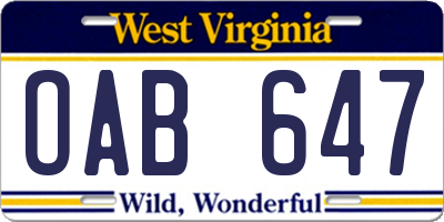 WV license plate OAB647