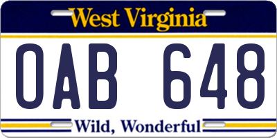 WV license plate OAB648