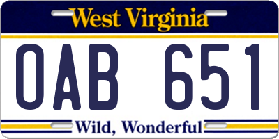 WV license plate OAB651