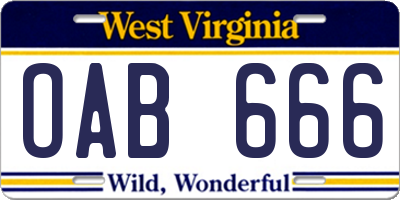 WV license plate OAB666