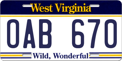 WV license plate OAB670