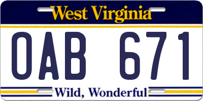 WV license plate OAB671