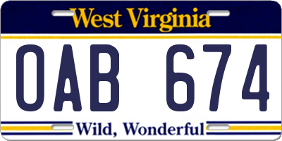 WV license plate OAB674