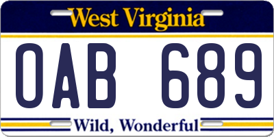 WV license plate OAB689