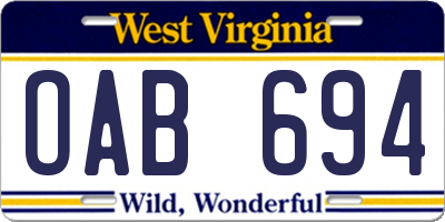 WV license plate OAB694