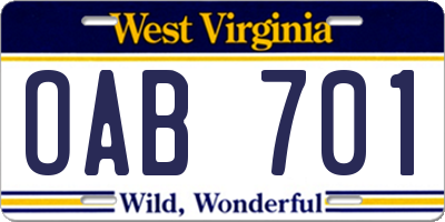 WV license plate OAB701
