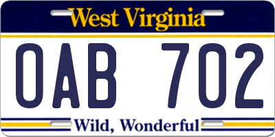 WV license plate OAB702
