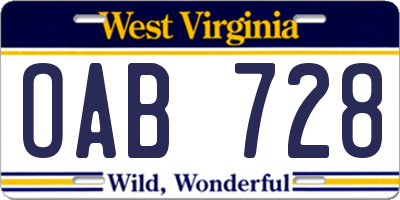 WV license plate OAB728